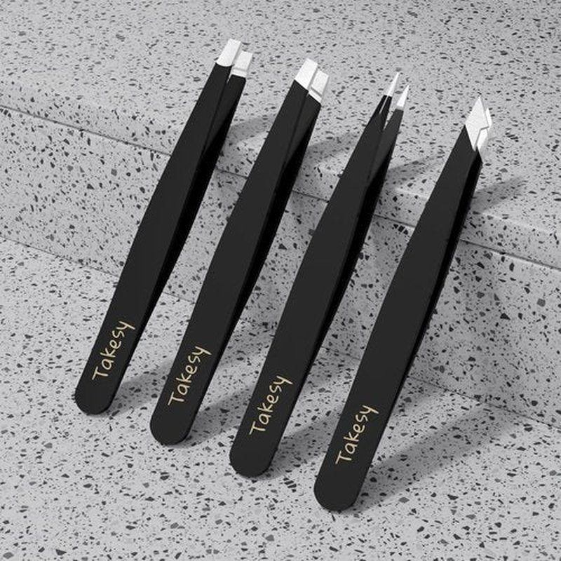 Professional Tweezers for Eyebrow and Ingrown Hair with Mirror Case (Black)