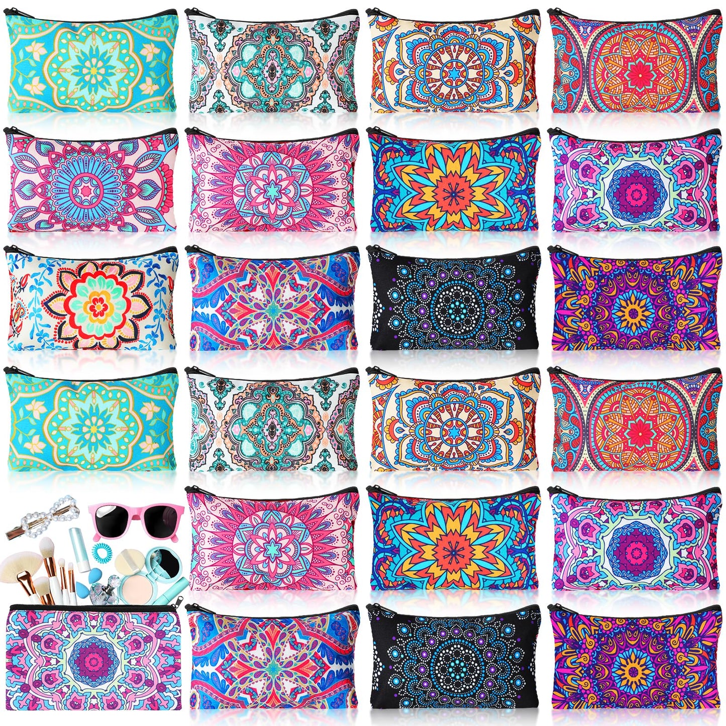 SilTriangle 24 Pieces Makeup Bags Bulk Canvas Cosmetic Bags Purse Organizer Zipper Cosmetic Pouch Portable Travel Toiletry Pouch for Women Men Gifts, 7 x 4 Inch (Mandala)