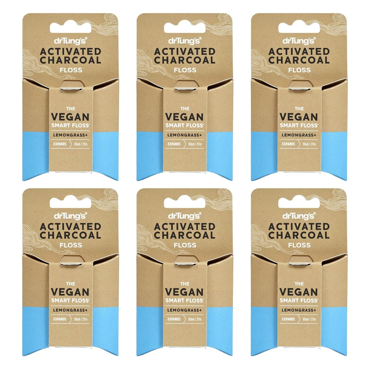 DrTung's Vegan Activated Charcoal Floss - Natural Floss, PTFE & PFAS Free Floss, Gentle on Gums, Expands & Stretches, BPA Free Floss - Natural Dental Floss Lemongrass Flavor (Pack of 6)