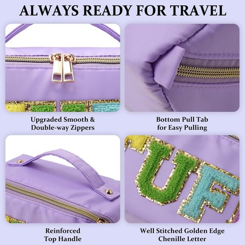 LONEDREAM Stoney Clover Preppy Makeup Bag, Large Capacity Travel Cosmetic Bag, Chenille Letter Open Flat Nylon Bag, Purple
