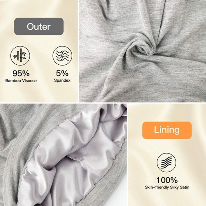 Silk Satin Lined Bonnet Sleep Cap - Adjustable Stay on All Night Hair Wrap Cover Slouchy Beanie for Curly Hair Protection for Women and Men - Solid Light Grey
