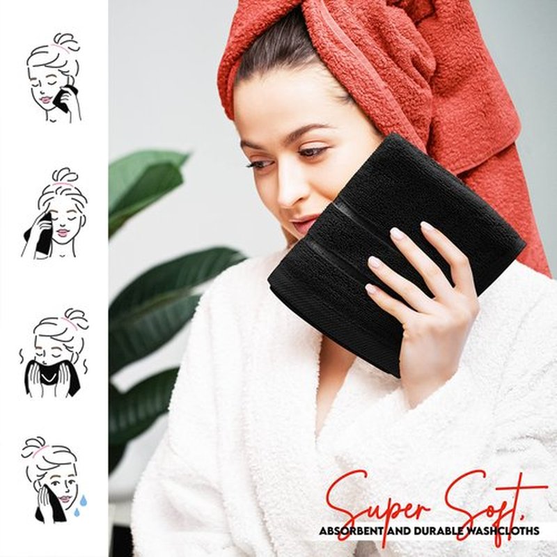 Utopia Towels - 12 Pack Viscose Luxury Wash Cloths Set (12 x 12 Inches) Cotton Ring Spun, Highly Absorbent and Soft Feel Essential Washcloths for Bathroom, Face Towel, Gym and Spa (Black)