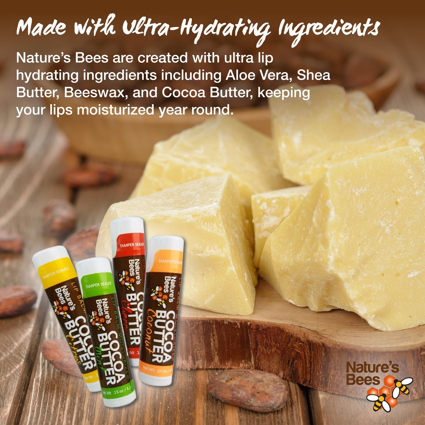 Nature's Bees Cocoa Butter Lip Balm, Original, Shea Butter, Mango Butter and Olive Oil, Bulk Lip Care for Dry Lips, Made with Coconut Oil, Beeswax, Vitamin E, Aloe, 0.15 oz, 4 Flavors, 72 Pack