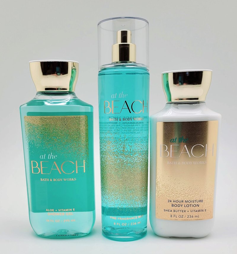 Bath & Body Works - At the Beach - 3 pc Trio Bundle - Shower Gel, Fine Fragrance Mist and 24-Hour Moisture Body Lotion -2020, Full Size