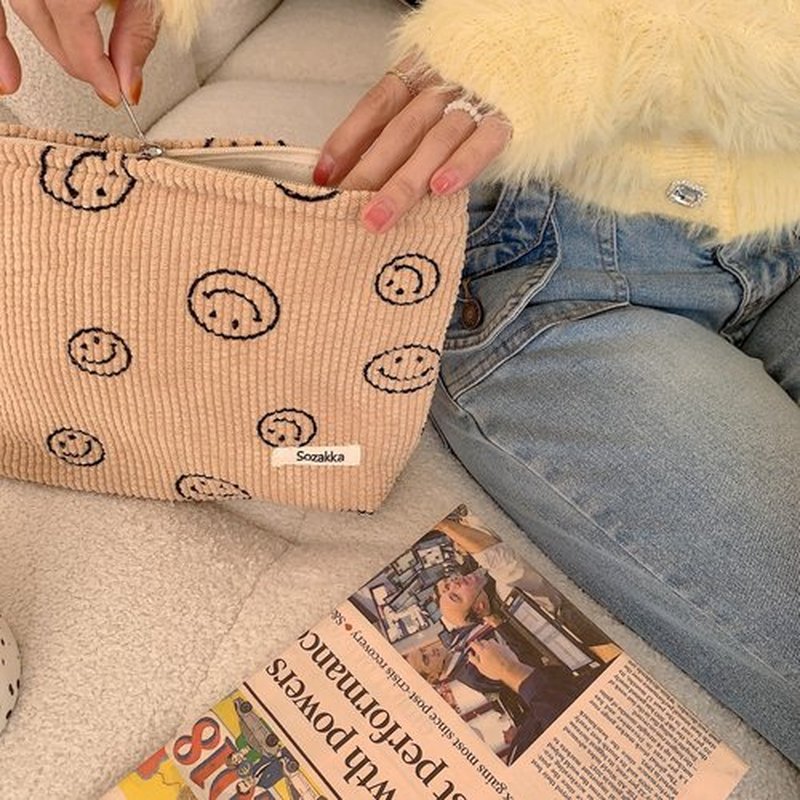 Cosmetic Bags for Women - Corduroy Cosmetic Bag Aesthetic Women Handbags Purses Smile Dots Makeup Organizer Storage Makeup Bag Girls Case Bags (Khaki)