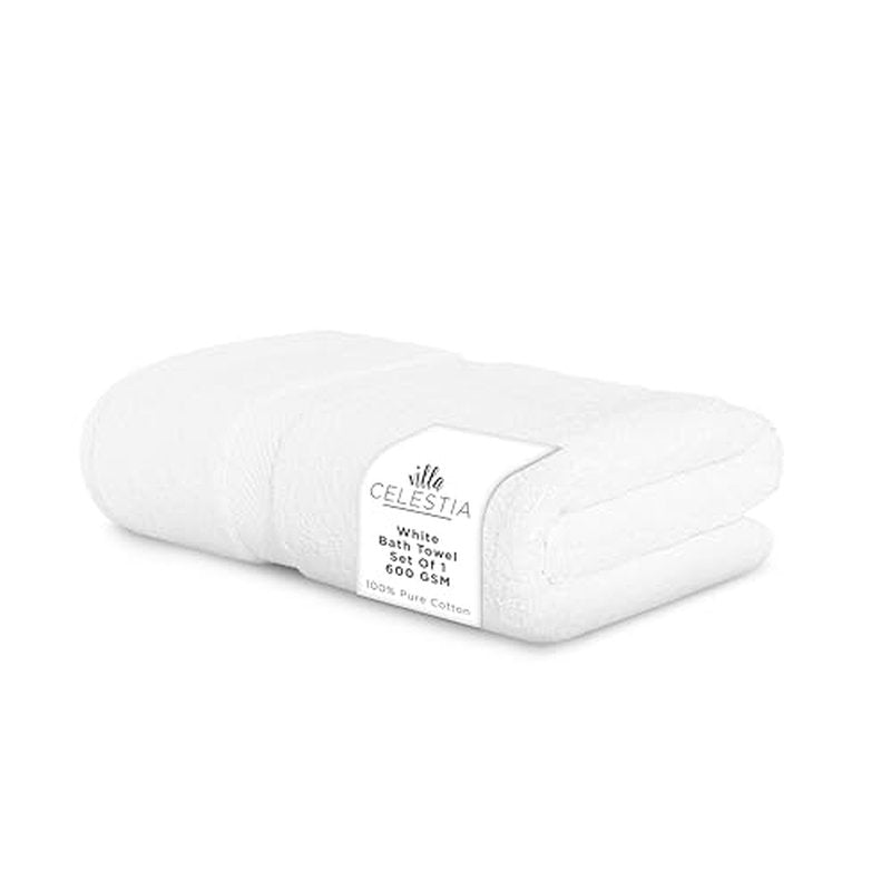 Villa Celestia 600 GSM 100% Cotton Bath Towel, Highly Absorbent, Plush, Soft, Quick Dry, White Towel, 1 Luxury Body Towel, Combed Cotton Bathtowel for Hotels, Salon, Spa, Bathroom, Shower, Pack of 1