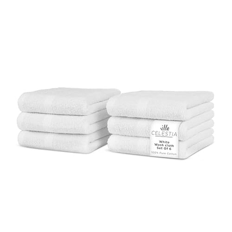 Villa Celestia 100% Cotton Wash Cloth for face & Body Set of 6, (12 x 12 inches) Sustainable, Soft, Highly Absorbent, Combed Cotton Wash Cloths Pack of 6 for Hotels, Spa, Bathroom, Dorm, White