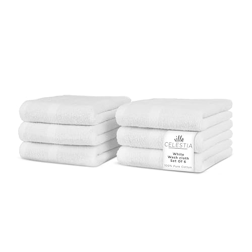 Villa Celestia 100% Cotton Wash Cloth for face & Body Set of 6, (12 x 12 inches) Sustainable, Soft, Highly Absorbent, Combed Cotton Wash Cloths Pack of 6 for Hotels, Spa, Bathroom, Dorm, White