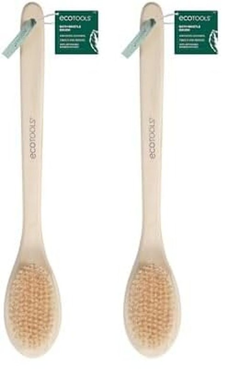 EcoTools Bristle Bath Brush, Shower Body Brush with Gentle, Stiff Bristles, Long Bamboo Handle, Gently Exfoliating for Back & Body, Stimulates Blood Circulation, Eco-Friendly, 1 Count (Pack of 2)