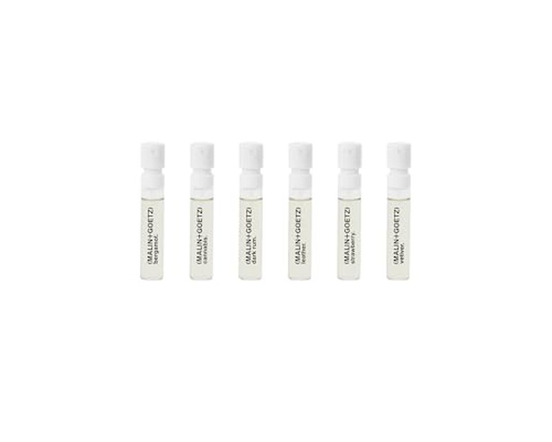 Malin + Goetz Holiday Edition Fragrance Discovery Kit, Set of 6, 2 ml Bottles – Bergamot, Cannabis, Dark Rum, Leather, Strawberry & Vetiver – Travel Perfume Set, Perfume Sampler for Men & Women