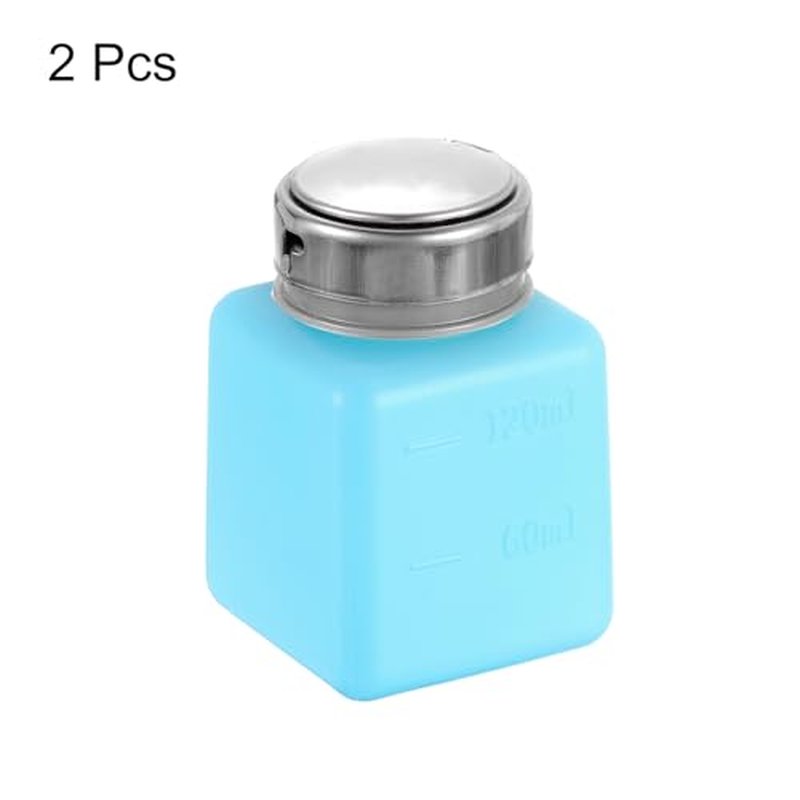HARFINGTON 2pcs Solvent Alcohol Dispenser 120ml(4oz) Nail Polish Remover Push Down Liquid Dispenser Pump Bottle with Stainless Steel Press Head for Acetone Cleanser Polish Remover, Blue
