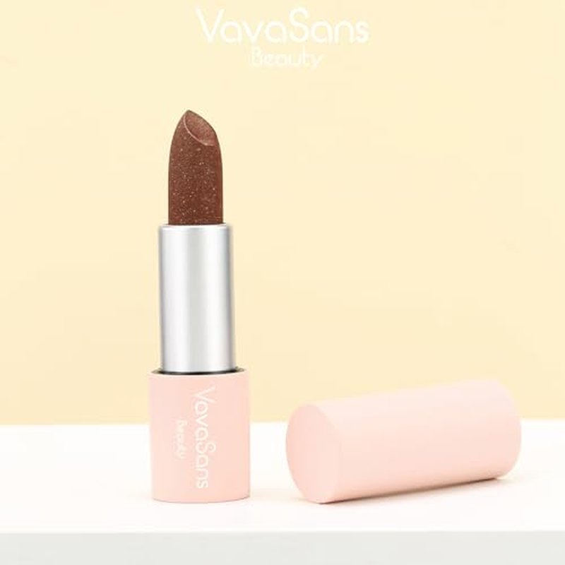 VavaSans Vegan Glitter Lipstick Brownstone Shimmer Metallic Sparkling Dark Brown Shade Long Lasting Waterproof Non-Sticky Formula Diamond Shiny Highly Pigmented Lip Stick for Women