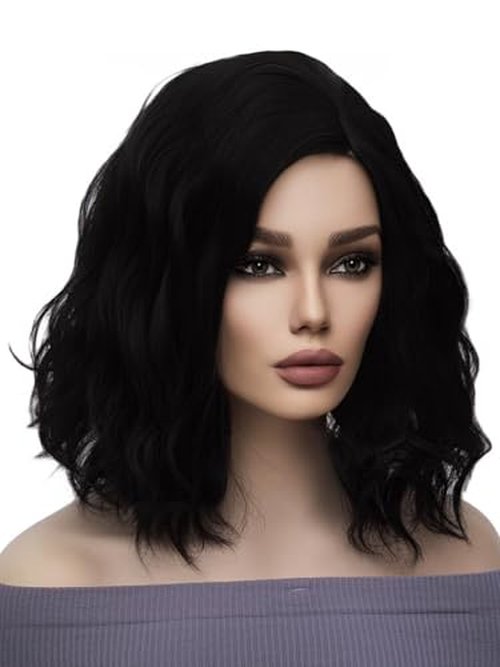 WTHCOS Black Wigs for Women Short Curly Wig Synthetic Curly Bob Wig for Girl 14 Inches Natural Looking Wavy Wigs for Cosplay Costume Party with Wig Cap
