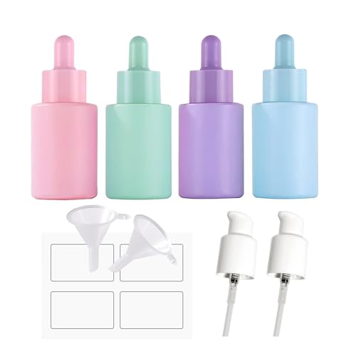 AGENIZ 4 Pack 1oz Glass Dropper Bottle,30ml Eye Dropper Bottle for Essential Oils with 2 Funnels & 2 Lotion Pumps for Perfumes,Lotion,Serum,Tincture Bottles(A-Multicolor)