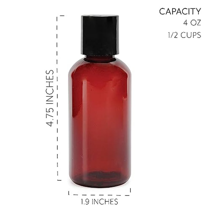 Cornucopia Brands 4oz Brown Plastic Squeeze Bottles w/Disc Top Flip Cap (6-Pack); BPA-Free Plastic Containers For Shampoo, Lotions, Liquid Soap, Creams