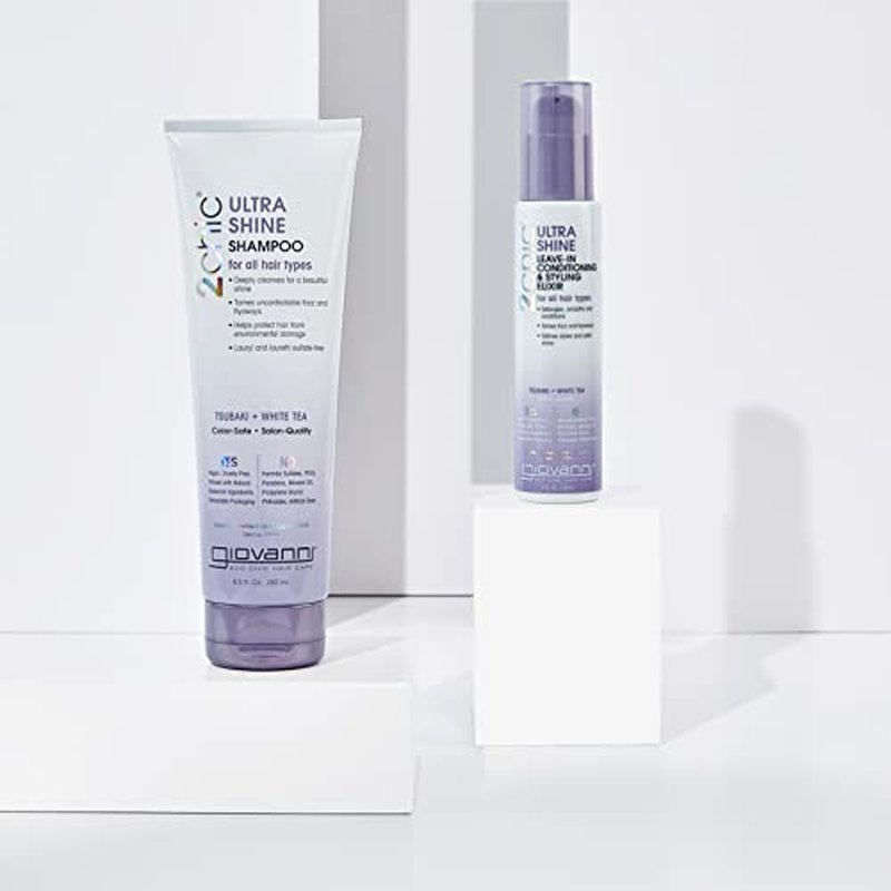 Giovanni 2chic Ultra-Shine Shampoo, 8.5 oz. – All Hair Types, Dual Taming Complex of Tsubaki Seed Oil & White Tea, Detangles, Smooths & Conditions, Tames Frizz & Flyaways