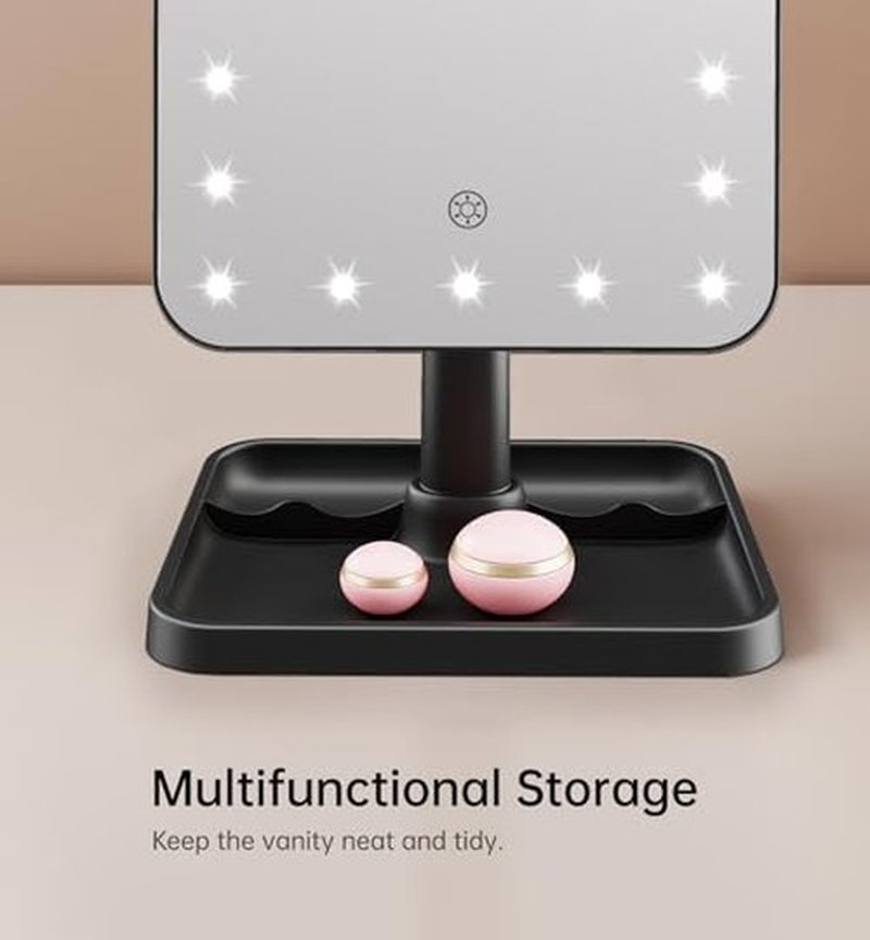 Famihomii Lighted Desk Makeup Mirror, Rechargeable Makeup Mirror with Lights, 360° Rotation Durable Vanity Mirror with Storage, Detachable Design for Bedroom