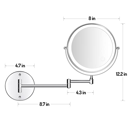 Rocollos Rechargeable Wall Mounted Lighted Makeup Mirror, 8 Inch Double-Sided LED Vanity Mirror 1X/7X Magnification,3 Color Lights Touch Screen Dimmable 360°Swivel 13 Inch Extendable
