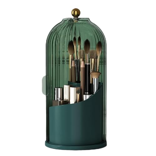 Zufudo Makeup Brush Holder Organizer with Lid 360° Rotating Makeup Organizer Countertop Dustproof Cosmetics Organizer for Vanity Bathroom, All Black