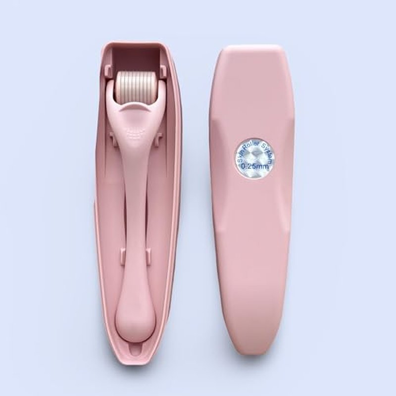 Derma Roller Microneedling Roller, 0.25mm Stainless Steel, Roller for Face, Beard, Hair, Body, Microneedle Derm Stamp with Storage Case | For Women and Men | (Matte Baby Pink)