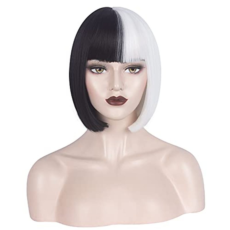 WeKen Black and White Wig for Girls Short Bob Half Black Half White Wig with Bangs for Women Cosplay Synthetic Wig Daily Party (A Black White)