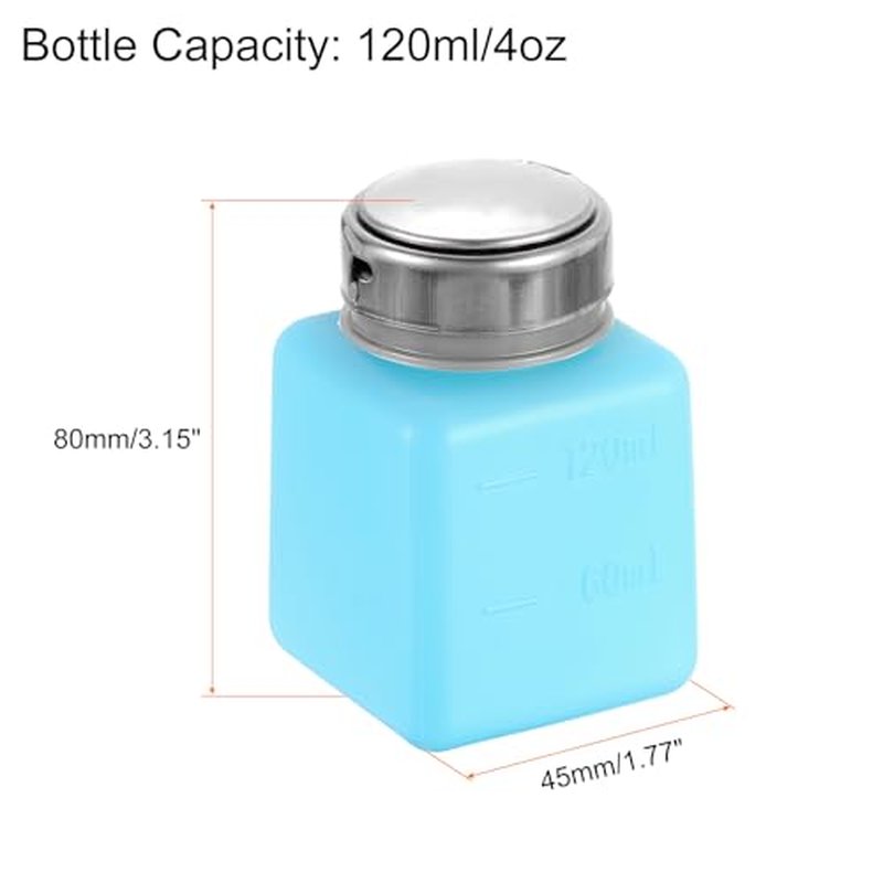 HARFINGTON 2pcs Solvent Alcohol Dispenser 120ml(4oz) Nail Polish Remover Push Down Liquid Dispenser Pump Bottle with Stainless Steel Press Head for Acetone Cleanser Polish Remover, Blue