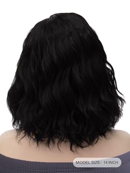 WTHCOS Black Wigs for Women Short Curly Wig Synthetic Curly Bob Wig for Girl 14 Inches Natural Looking Wavy Wigs for Cosplay Costume Party with Wig Cap