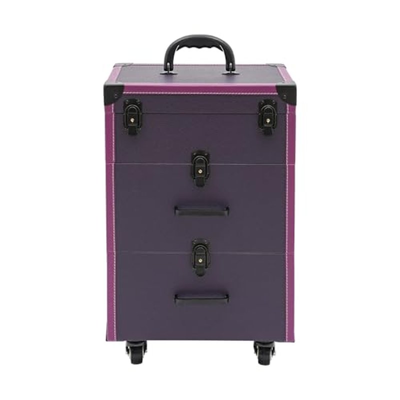 PalaUha Rolling Makeup Train Case Professional Cosmetic Organizer Trolley with Drawers Compartment Nail Case Wheeled Manicure Pedicure Storage Case for Hair Stylists Makeup Artists (Purple & Black B)
