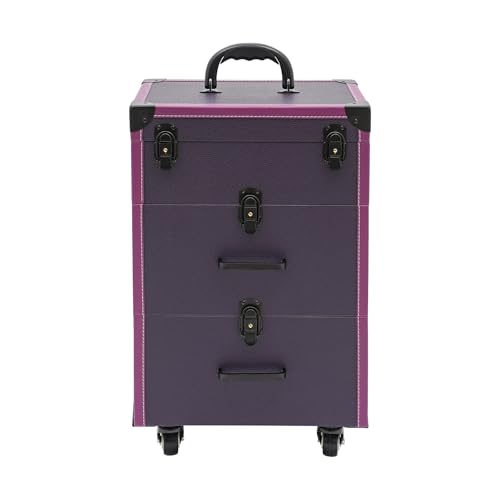PalaUha Rolling Makeup Train Case Professional Cosmetic Organizer Trolley with Drawers Compartment Nail Case Wheeled Manicure Pedicure Storage Case for Hair Stylists Makeup Artists (Purple & Black B)