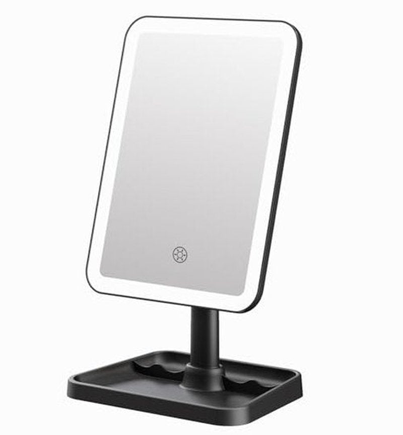 Famihomii Lighted Desk Makeup Mirror, Rechargeable Makeup Mirror with Lights, 360° Rotation Durable Vanity Mirror with Storage, Detachable Design for Bedroom