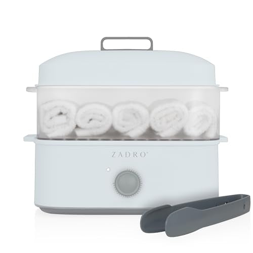 Zadro Towel Steamer with Tongs, 850W Heater, 8L Tray, 1.7L Tank, 30-min Timer for Facials, Manicures, Pedicures, Shaving (13"x12", 120V/850W, 8L, Blue/Gray)