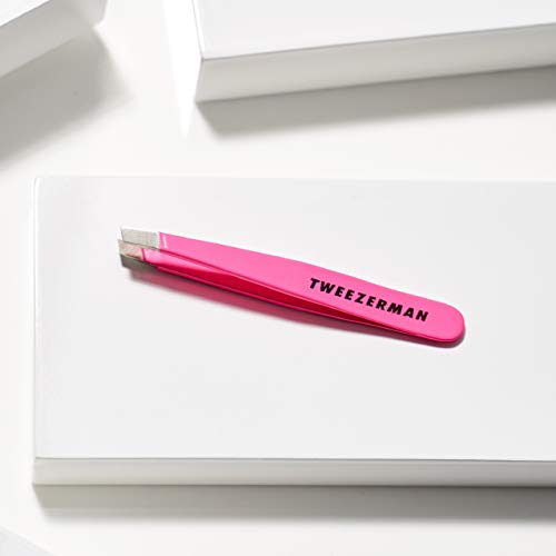 Tweezerman Mini Slant Tweezer - Tweezers for Eyebrows, Travel Tweezers for Eyebrows, Facial Hair, Ingrown Hair (Neon Pink)