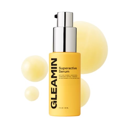 Gleamin Superactive Vitamin C Serum for Face with 15% Vitamin C, Niacinamide, Bakuchiol & Hyaluronic Acid ? Skin Brightening Facial Serum for Women & Men ? Dark Spot Remover & Radiant Glow ? 1 fl oz