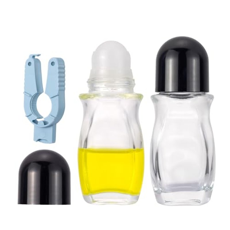 Kesell 50ml Clear Roll On Bottles Roller Ball Deodorant Container with Black Cap and Opener 2PCS Glass Roller Bottles for Essential Oils,Perfume