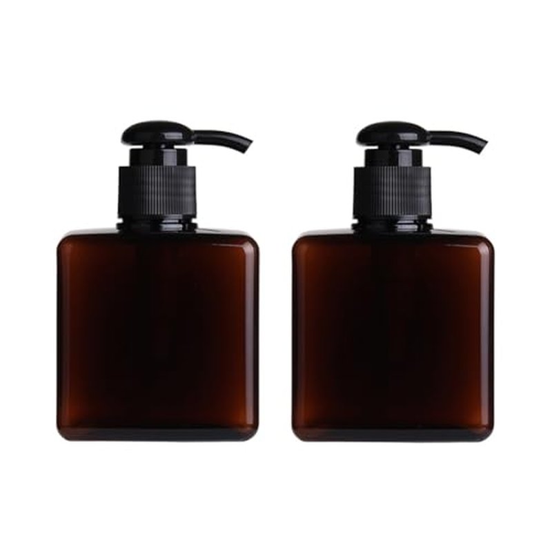 2PCS 250ML/8.4oz Amber Square Pump Bottle Empty Plastic Lotion Dispenser Toiletries Storage Containers Refillable Pump Bottles for Dispensing Lotions Shampoos
