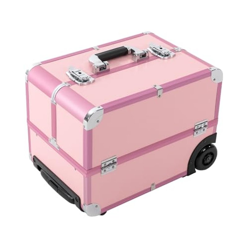 Lockable Makeup Train Case with 6 Trays, Multi-layer Rolling Cosmetic Storage Trolley, Professional Cosmetology Travel Box on Wheels for Nail Tech Salon Hair Stylists, Aluminum Alloy, PU