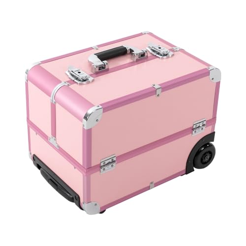Lockable Makeup Train Case with 6 Trays, Multi-layer Rolling Cosmetic Storage Trolley, Professional Cosmetology Travel Box on Wheels for Nail Tech Salon Hair Stylists, Aluminum Alloy, PU