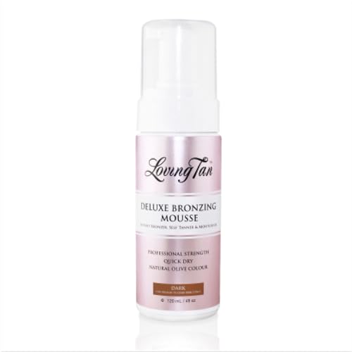 Loving Tan Deluxe Bronzing Mousse, Dark - Streak Free, Natural looking, Professional Strength Sunless Tanner - Up to 5 Self Tan Applications per Bottle, Cruelty Free, Naturally Derived DHA - 4 FL Oz