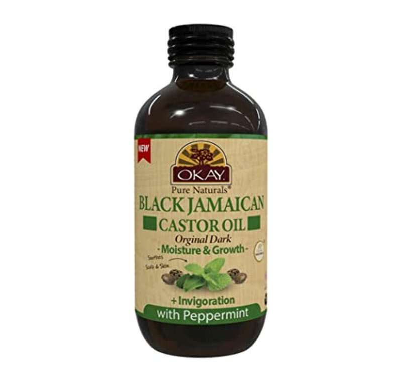 OKAY Pure Naturals Black Jamaican Castor Oil - Castor Oil for Hair Growth, Moisture for Skin, Face, Scalp, Eyelashes, Eyebrows - Hair Oil for Men & Women - Peppermint, 4 oz Glass Bottle
