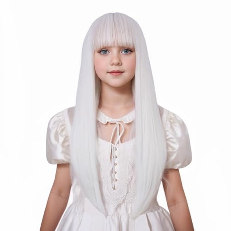 Edivd White Wig for Kids Long White Wig with Air Bangs for Girls Long White Straight Wig for Child Heat Resistant Synthetic Wig with Wig Cap