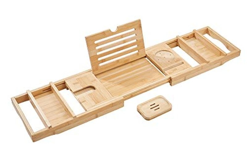 Headley Tools Bathtub Tray, Expandable Bath Tray with Wine and Book Holder - Bathtub Caddy for Luxury Bath, Adjustable Bath Tray for Tub-Great Gift for Women/Men (Wood Color)