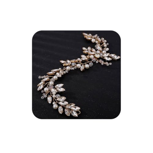 Teyglen Wedding Bride Rhinestones Pearls Crystal Headband Hair Vine Handmade Bridal Headband Wedding Hair Accessories for Brides Hair Pieces Headpieces for Women(Gold)