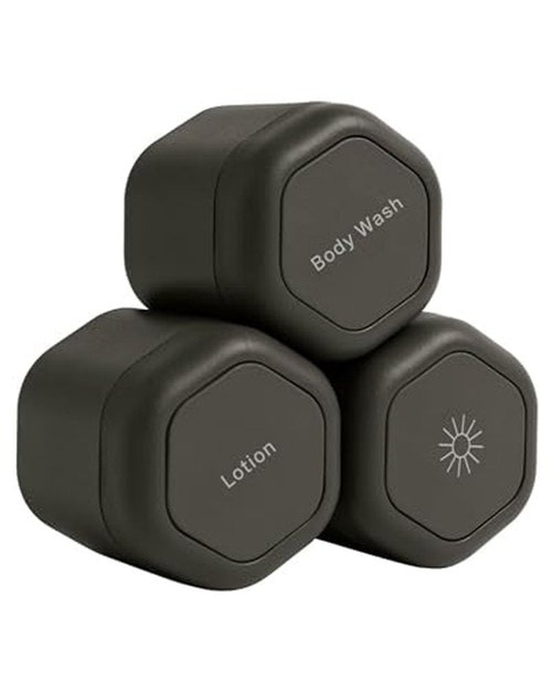 Cadence Travel Containers - Body Care Capsule Set - Magnetic Travel Capsules - For Body Wash, Lotions, Sunscreens - 3 Flex Mediums (1.32oz) with Body Wash, Lotion, & Sun Icon Labels - Charcoal