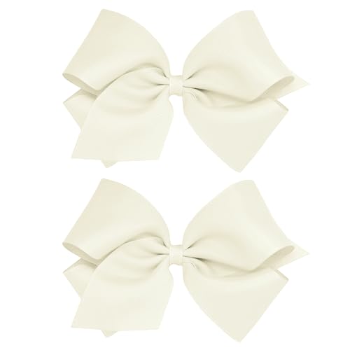 Wee Ones Girls 2 Pack Grosgrain Hair Bows with Plain Wrap Centre on a Wee Stay No Slip Clip, King, Antique White