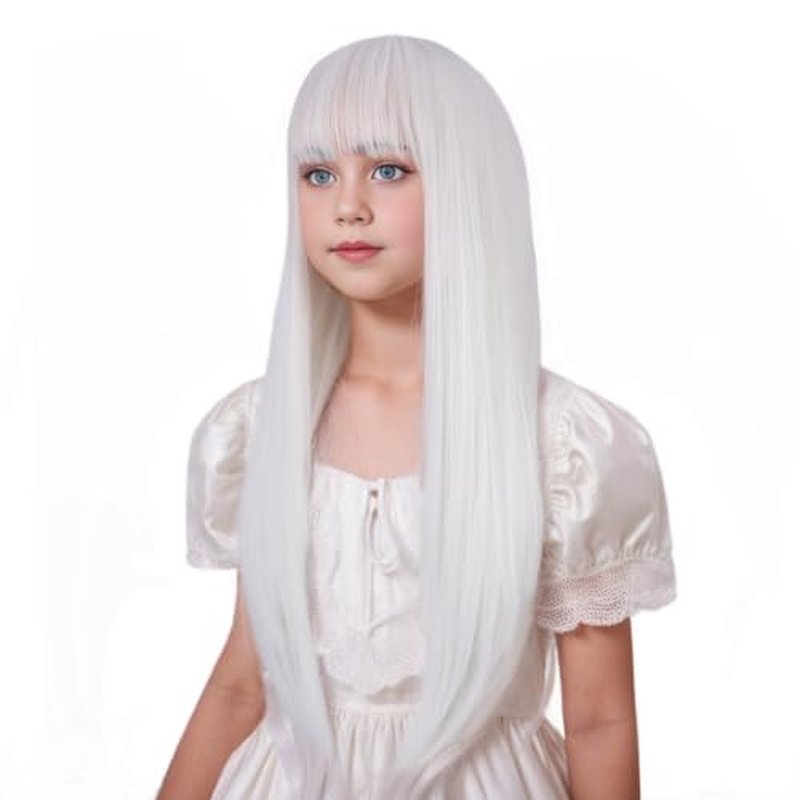 Edivd White Wig for Kids Long White Wig with Air Bangs for Girls Long White Straight Wig for Child Heat Resistant Synthetic Wig with Wig Cap