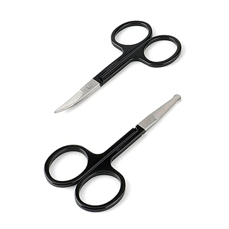 Facial Hair Small Grooming Scissors For Men Women - Eyebrow, Nose Hair, Mustache, Beard, Eyelashes, Ear Trimming Kit - Curved and Rounded Safety Tip Clippers For Hair Cutting - 2PCS Silver