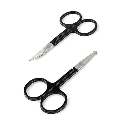Facial Hair Small Grooming Scissors For Men Women - Eyebrow, Nose Hair, Mustache, Beard, Eyelashes, Ear Trimming Kit - Curved and Rounded Safety Tip Clippers For Hair Cutting - 2PCS Silver