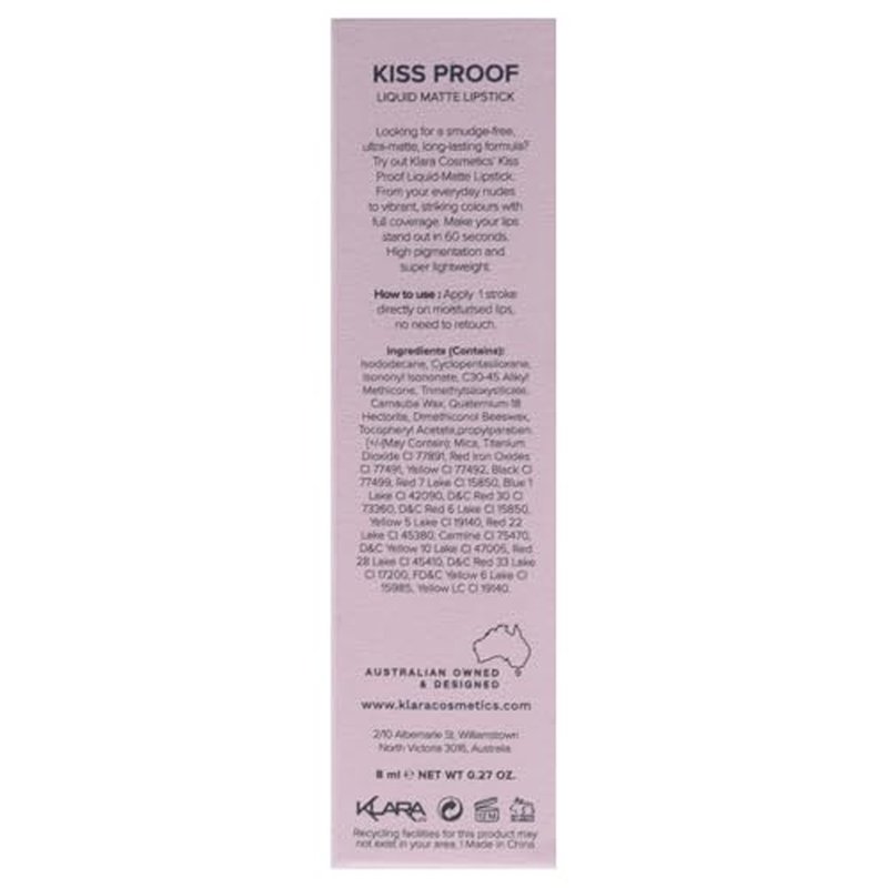Klara Cosmetics Kiss Proof Lipstick Liquid Matte - Liquid Lipstick for Women - Long Lasting Lipstick - Matte Lipstick - 29 Fame - 0.3 oz