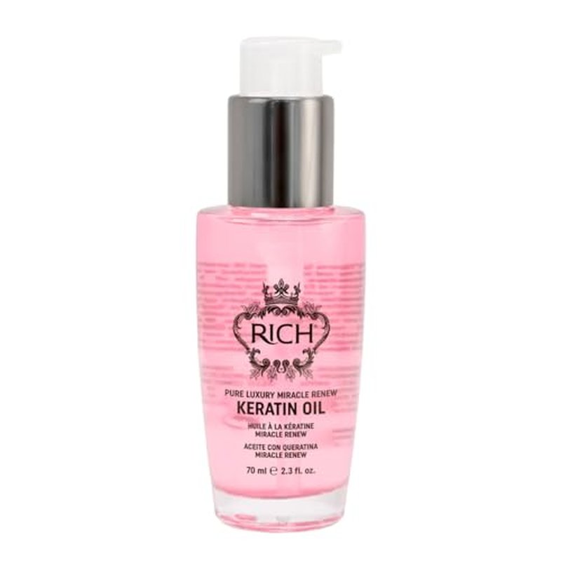 RICH Pure Luxury Miracle Renew Keratin Hair Oil for All Hair Types - Fights Frizz and Adds Shine - Enriched with Keratin Protein, Argan Oil and Jojoba Seed Oil - Heat Protective - 2.3 Oz