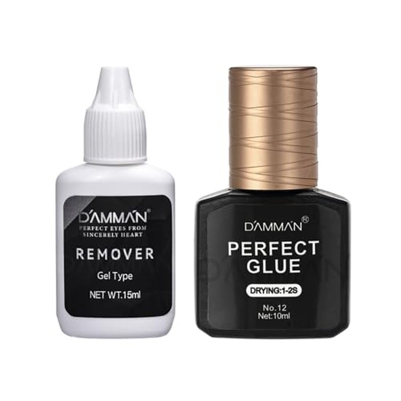 1 Bottle 15ml 1-2 mins Remove Eyelash Damman Eyelash Remove Gel and 1 Bottle 1-2s Fast Drying Damman No.12 Eyelash Glue for Long Rentention 75 Days